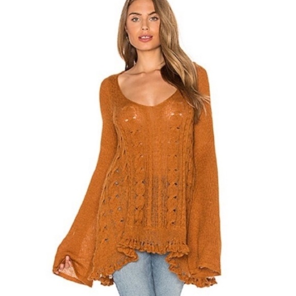 Rust Orange Knit Sweater boho bell sleeve free people alpaca fall revolve $120 - Picture 1 of 7